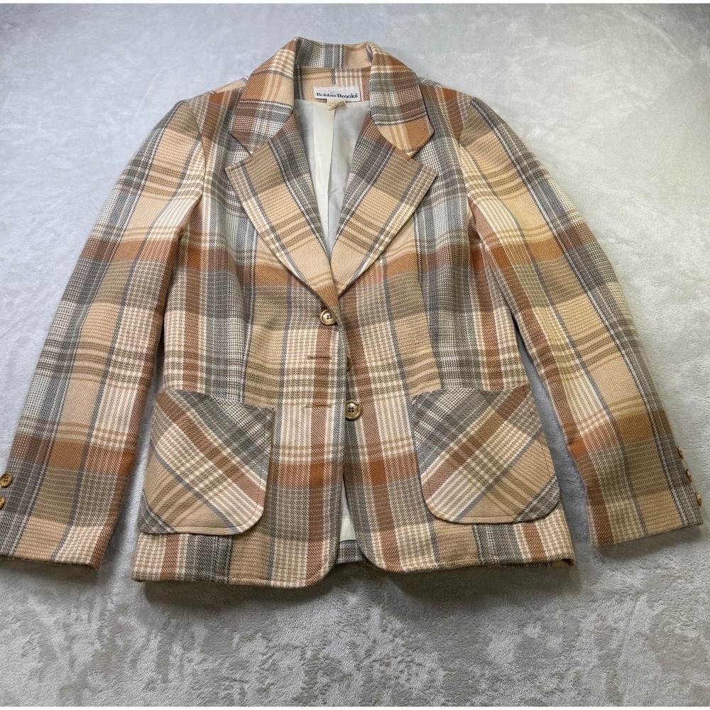 VTG 60s Bobbie Brooks Tan Plaid Blazer Womens Two Button Patch Pocket Union Made